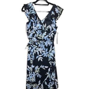 London Times PETITE Dress Midi Floral Ruffle A-line Dress Black Blue Vneck 12P